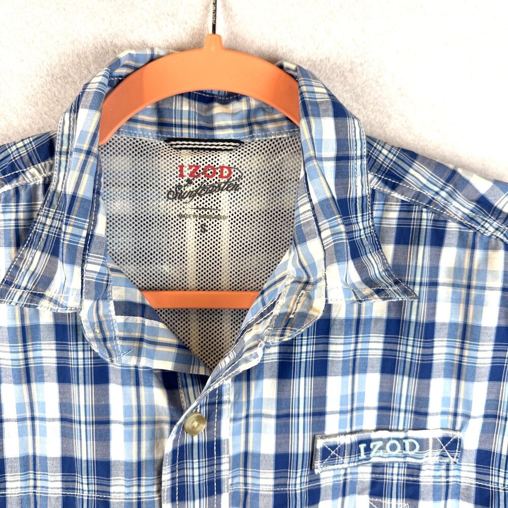 IZOD Surfcaster Saltwater Blue Plaid Fishing Shirt Mens Small